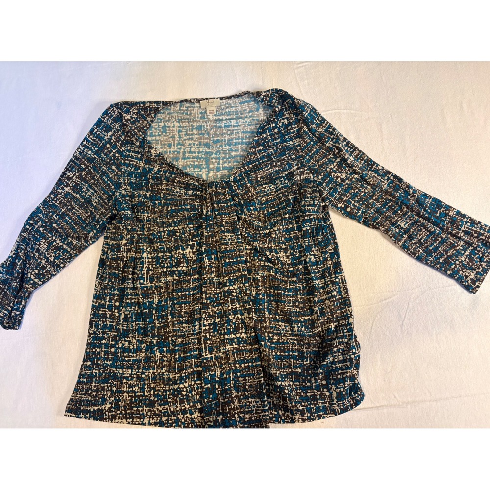 Yves Women Brown Blue Abstract Grid Print V-Neck 3/4 Sleeve Blouse 14/16 1405